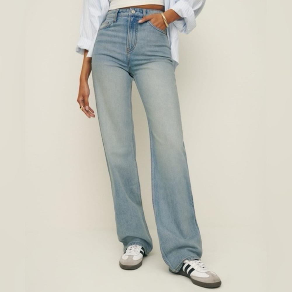 Reformation wilder wide leg stretch Light Blue Flare Jeans shalott